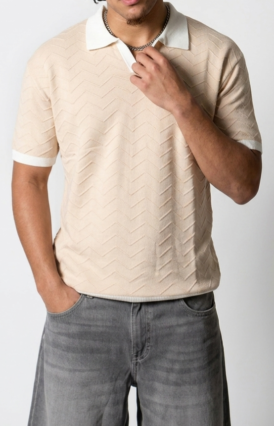 Chevron Knit Polo — Beige