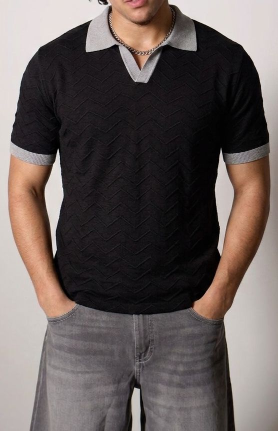 Chevron Knit Polo — Black